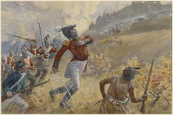 Artist: JEFFERYS, Charles William (C.W.) <br>
Title: The Death of Brock at Queenston Heights <btr>
Date: c. 1908 <br>
Category: work on paper <br>
Accession No.: 619871